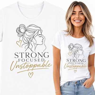 Koszulka damska z profilem kobiety i napisem „Strong Focused Unstoppable”