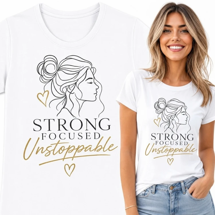 Koszulka damska z profilem kobiety i napisem „Strong Focused Unstoppable”