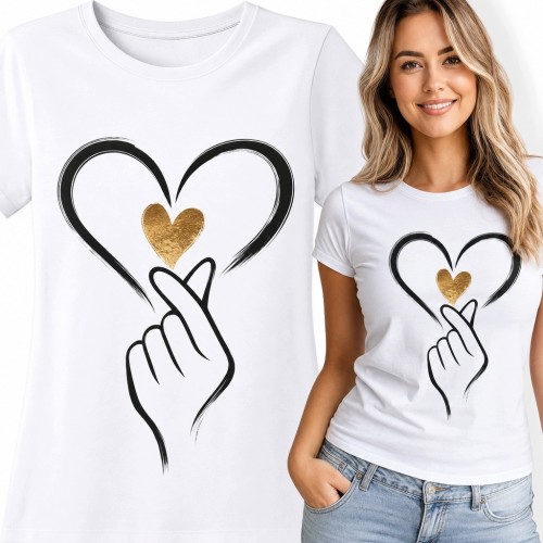 Koszulka damska z gestem finger heart i sercami - minimalistyczny wzór
