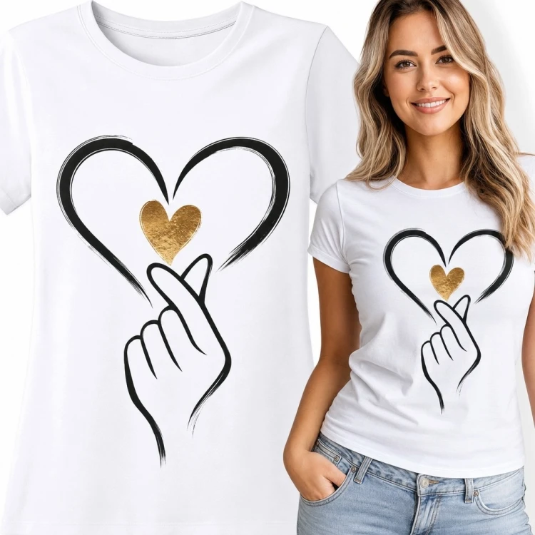 Koszulka damska z gestem finger heart i sercami - minimalistyczny wzór