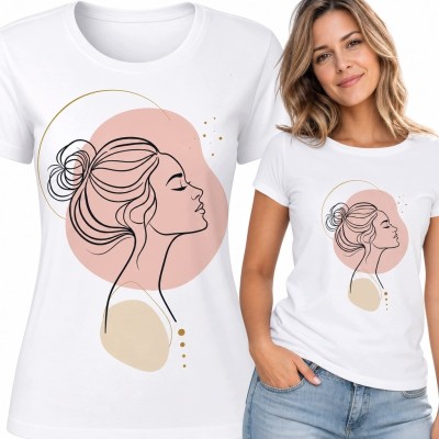 Koszulka damska z minimalistycznym profilem kobiety - pastelowy line art