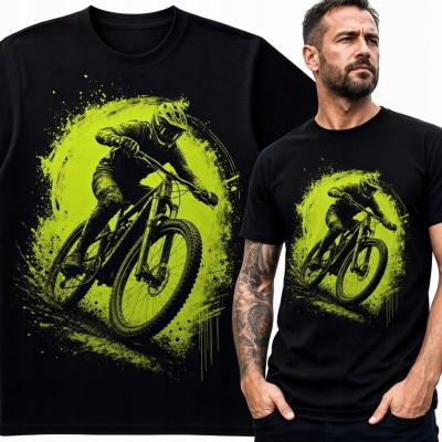 Koszulka męska z kolarzem MTB podczas zjazdu - neonowy motyw rowerowy