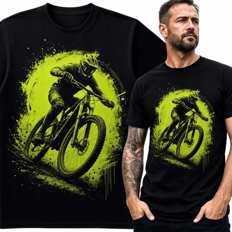 Koszulka męska z kolarzem MTB podczas zjazdu - neonowy motyw rowerowy