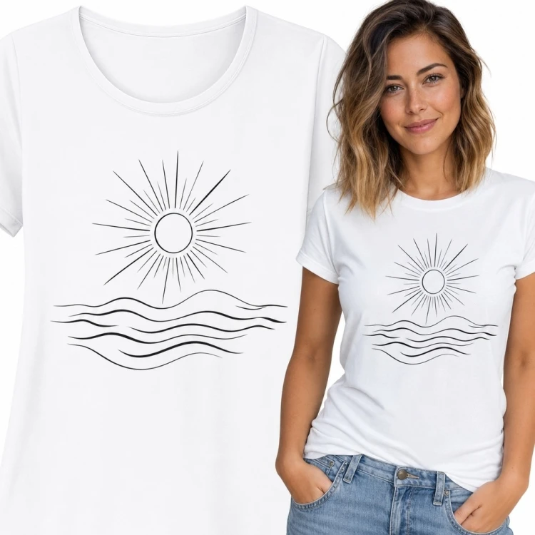 Koszulka damska z czarnym konturem słońca nad warstwowymi falami