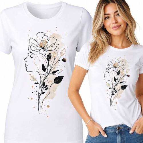 Koszulka damska z profilem kobiety i dużym kwiatem - botaniczny line art