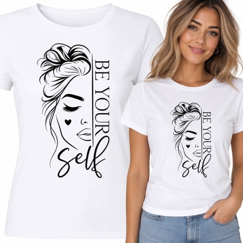 Koszulka damska „Be Your Self” z minimalistycznym portretem kobiety - motyw samoakceptacji