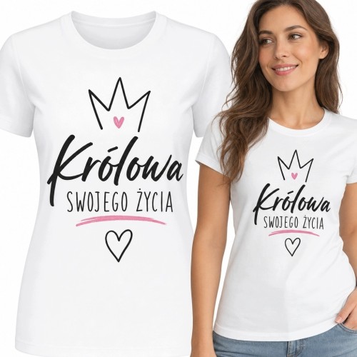 Koszulka damska z koroną i napisem „Królowa swojego życia” - motywacyjna