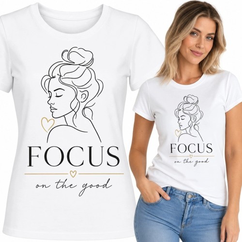 Koszulka damska z portretem line art i napisem „Focus on the good” - motywacyjny wzór