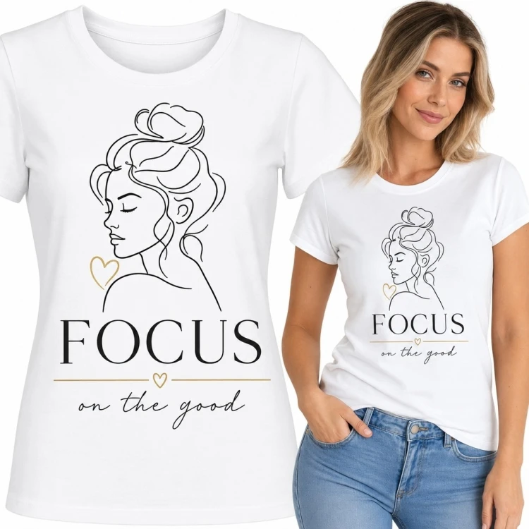 Koszulka damska z portretem line art i napisem „Focus on the good” - motywacyjny wzór
