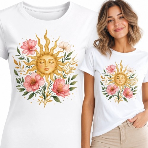 Koszulka damska ze złotym słońcem i kwiatami - botaniczny wzór boho