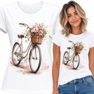 Koszulka damska - akwarelowy rower retro z koszem kwiatów