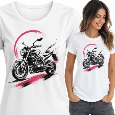 Koszulka damska z motocyklem naked - dynamiczny szkic z różowym akcentem