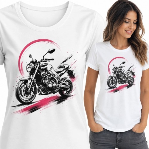 Koszulka damska z motocyklem naked - dynamiczny szkic z różowym akcentem