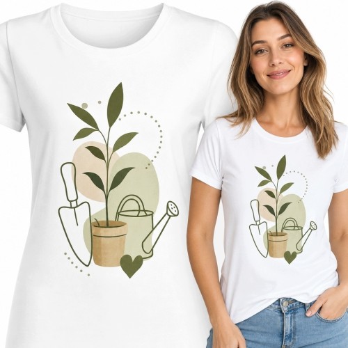 Koszulka damska z rośliną w doniczce, konewką i łopatką - botaniczny motyw