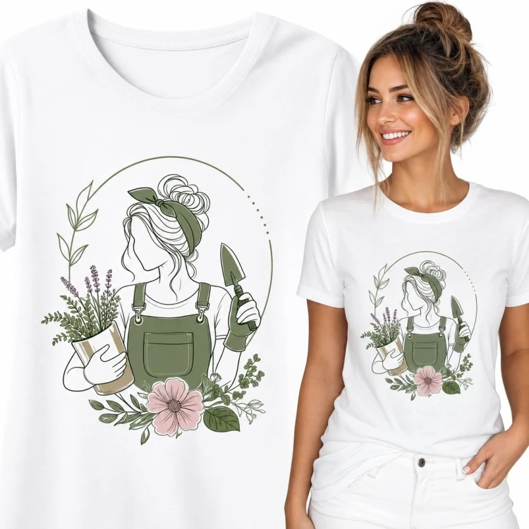 Koszulka damska dla ogrodniczki - botaniczny motyw z roślinami