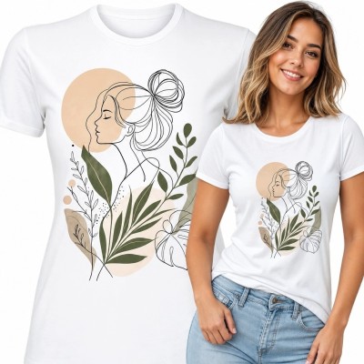 Koszulka damska z profilem kobiety w stylu line art i botanicznymi liśćmi