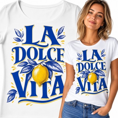 Koszulka damska z cytryną i szeryfowym napisem „LA DOLCE VITA”