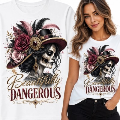 Koszulka damska z gotycką czaszką i różami - „Beautifully Dangerous”
