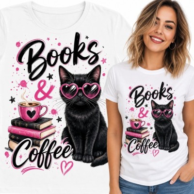 Koszulka damska z kotem, książkami i kawą „Books &amp; Coffee”