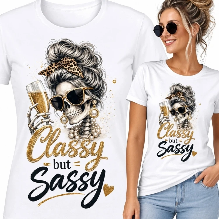 Koszulka damska z glamourową czaszką i napisem „Classy but Sassy”