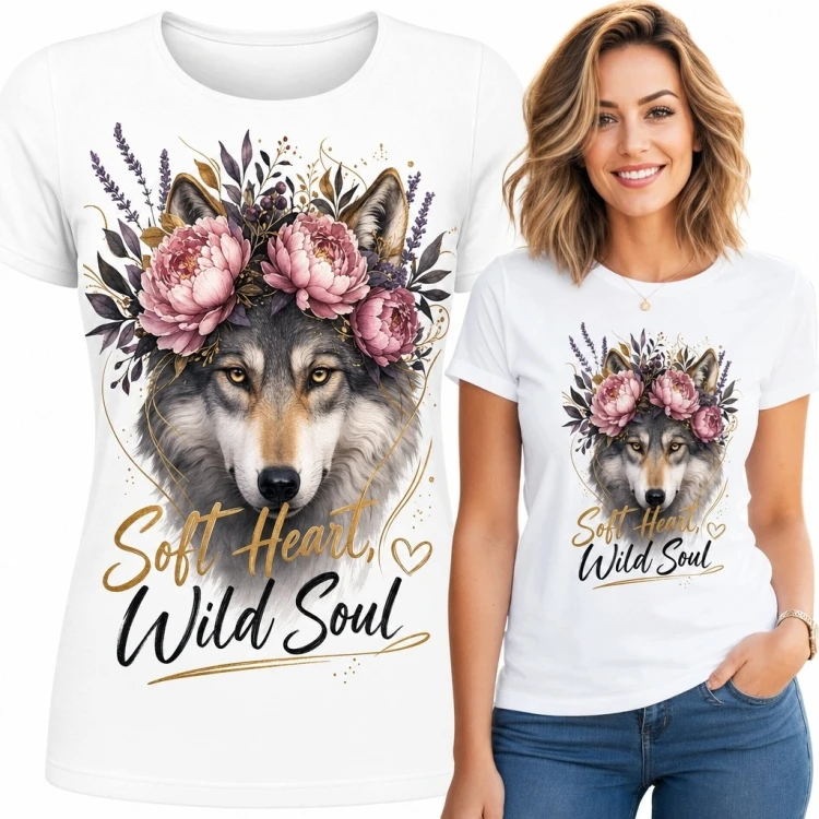 Koszulka damska z wilkiem w kwiatowej koronie - „Wild Soul, Soft Heart”