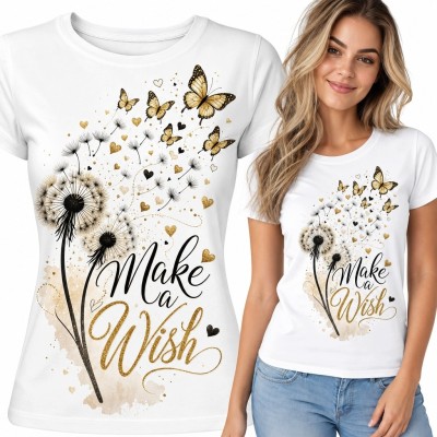 Koszulka damska z dmuchawcami i motylami „Make a Wish” - romantyczny nadruk