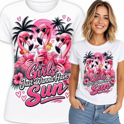 Koszulka damska z flamingami i koktajlami „Girls Just Wanna Have Sun”