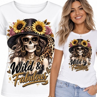Koszulka damska z calaverą „Wild &amp; Fabulous” - western boho