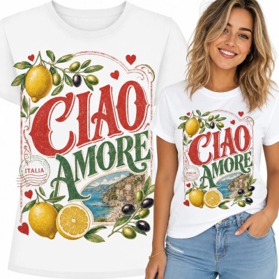 Koszulka damska „Ciao Amore” z cytrynami i włoskim pejzażem