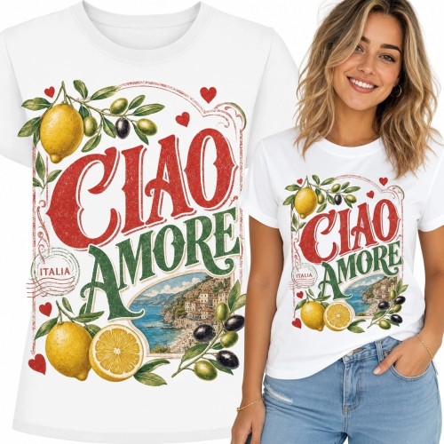 Koszulka damska „Ciao Amore” z cytrynami i włoskim pejzażem