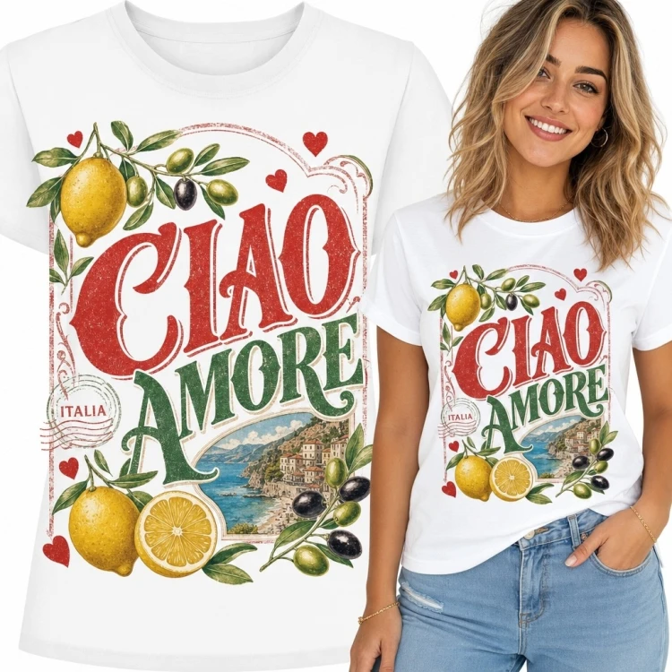Koszulka damska „Ciao Amore” z cytrynami i włoskim pejzażem