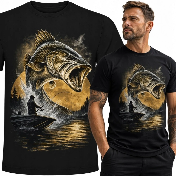 Koszulka męska z drapieżną rybą i wędkarzem - dynamiczny motyw wędkarski