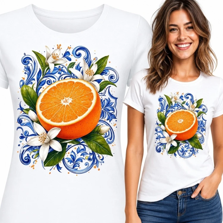 Koszulka damska z pomarańczą i liliami - kobaltowy ornament botaniczny
