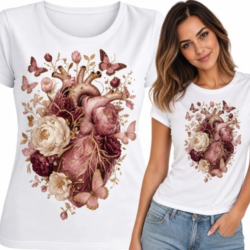 Koszulka damska z anatomicznym sercem, piwoniami i motylami - dark floral