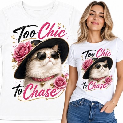 Koszulka damska z kotem w kapeluszu i różami - „Too Chic to Chase”