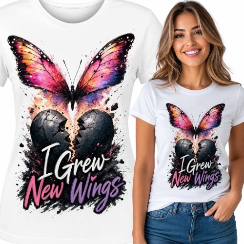 Koszulka damska z motylem i pękniętym sercem „I Grew New Wings” - symbol przemiany