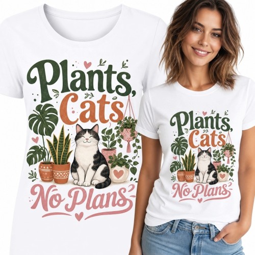 Koszulka damska z kotem i roślinami „Plants, Cats, No Plans” - dla domatorki