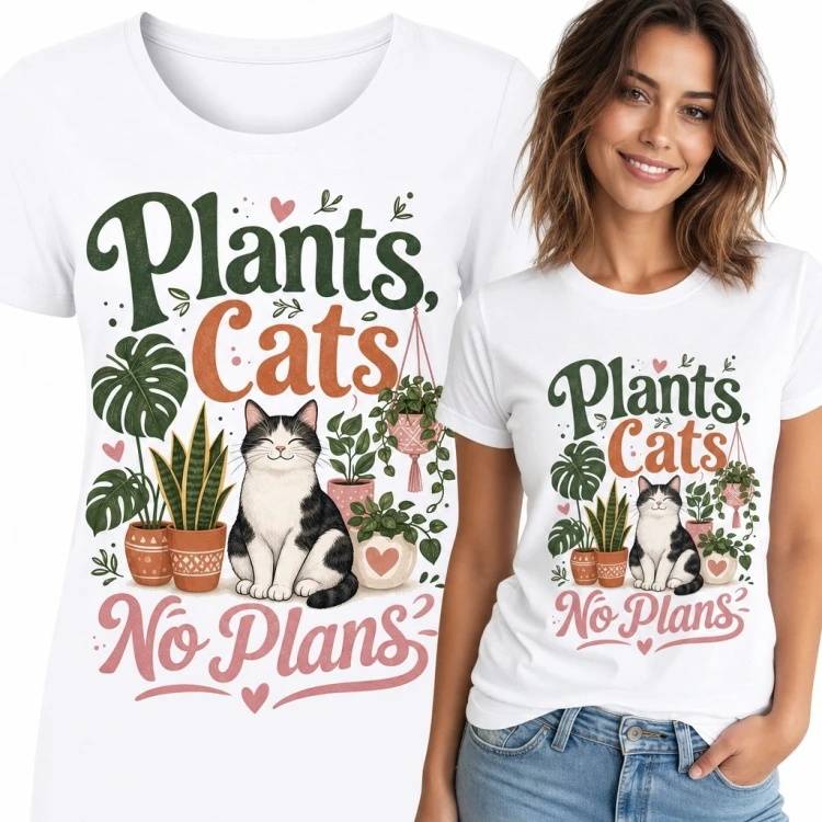 Koszulka damska z kotem i roślinami „Plants, Cats, No Plans” - dla domatorki