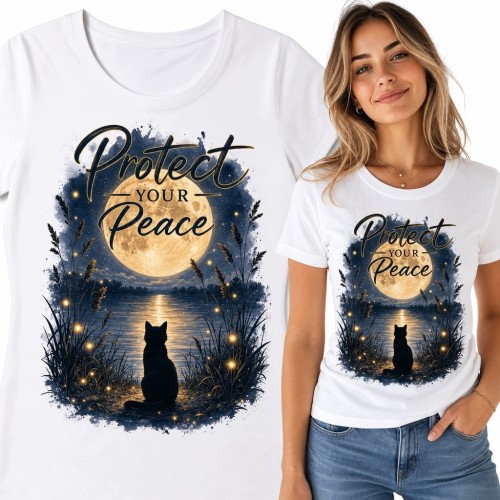Koszulka damska z kotem nad jeziorem „Protect Your Peace” - noc z pełnią księżyca