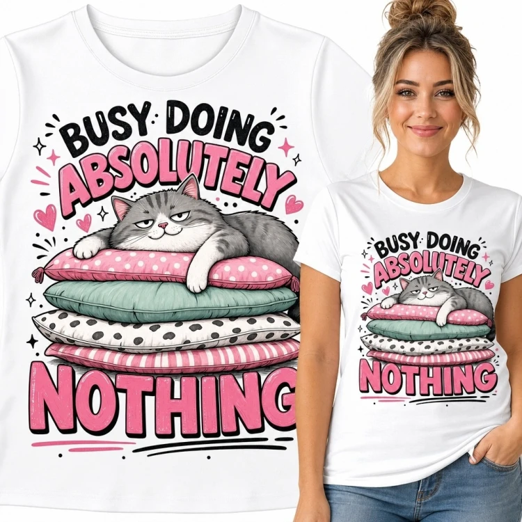Koszulka damska z kotem i napisem „Busy Doing Absolutely Nothing” - koci humor