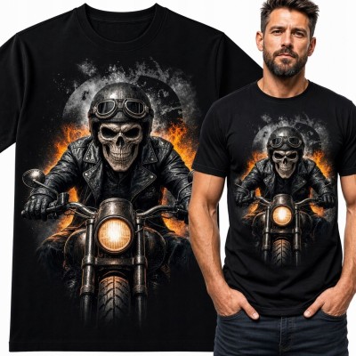Koszulka męska ze szkieletem motocyklisty - czaszka i płomienie