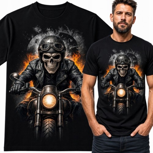 Koszulka męska ze szkieletem motocyklisty - czaszka i płomienie