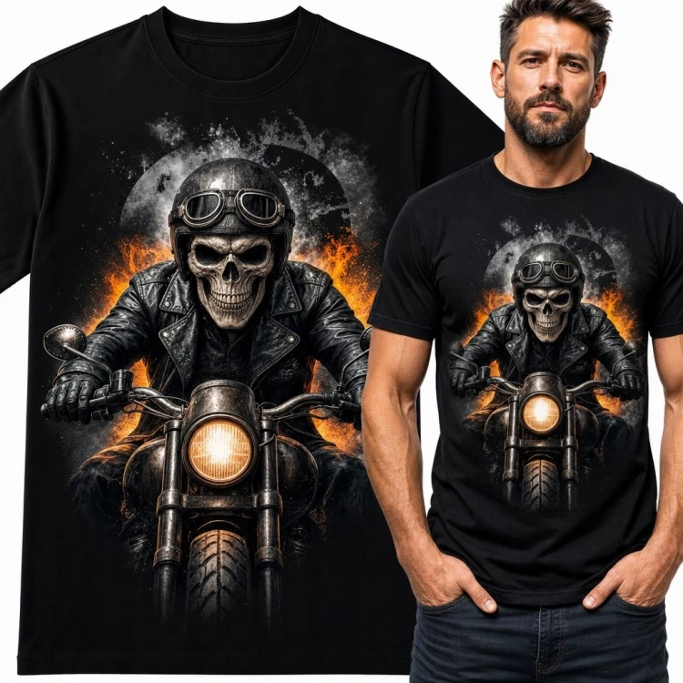 Koszulka męska ze szkieletem motocyklisty - czaszka i płomienie