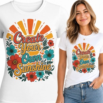 Koszulka damska retro z kwiatami i napisem „Create Your Own Sunshine”