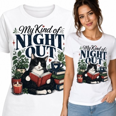 Koszulka damska z czytającym kotem „My Kind of Night Out” - książkowy motyw