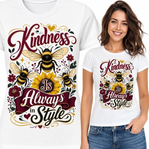 Koszulka damska z pszczołami i napisem „Kindness Is Always in Style” - kwiatowy wzór retro
