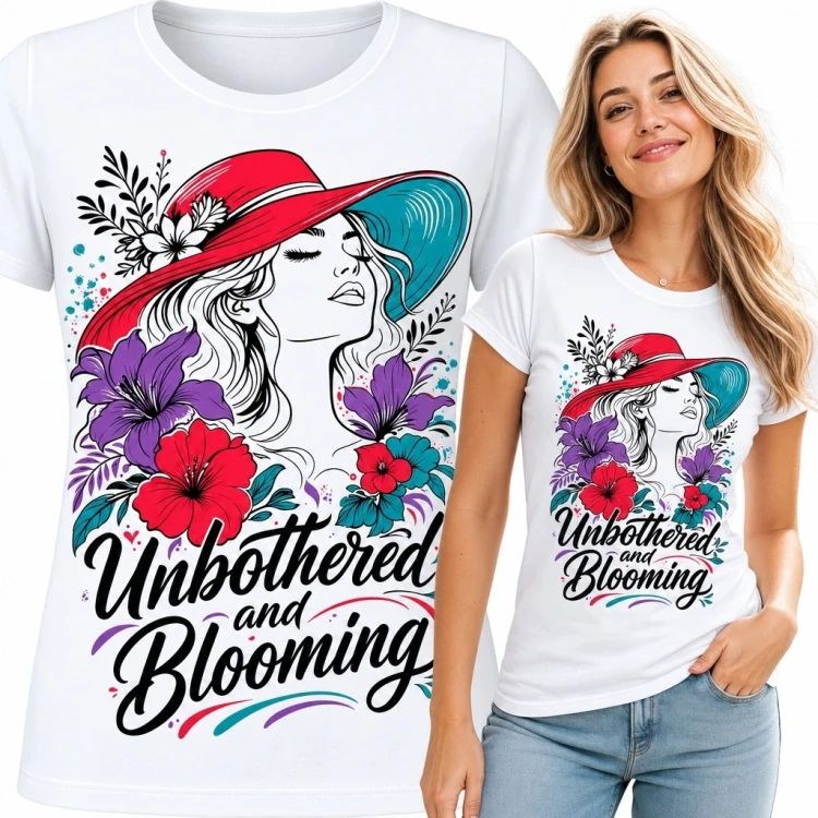 Koszulka damska z kwiatami „Unbothered and Blooming” - kolorowa ilustracja kobiety