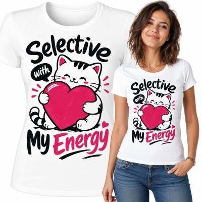 Koszulka damska z kotem i napisem „Selective with My Energy” - różowe serce