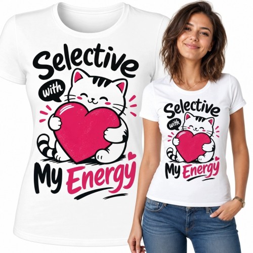 Koszulka damska z kotem i napisem „Selective with My Energy” - różowe serce