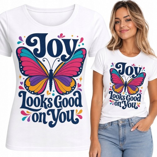 Koszulka damska z kolorowym motylem „Joy Looks Good on You” - wzór retro